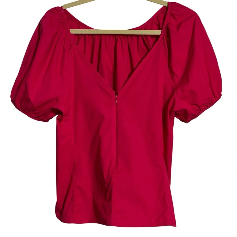 J Crew Magenta Rose V-back Zip Puff Sleeve Stretch Cotton Blend Poplin Blouse
